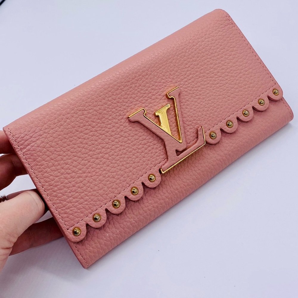 EUC Louis Vuitton Pink Taurillon Leather Capucines Studded Wallet - RARE